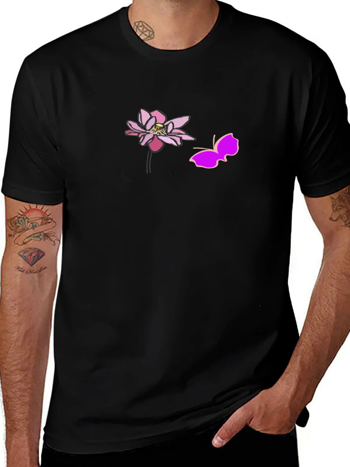 Black Graphic Tee with Pink Lotus and Butterfly Design product image 1