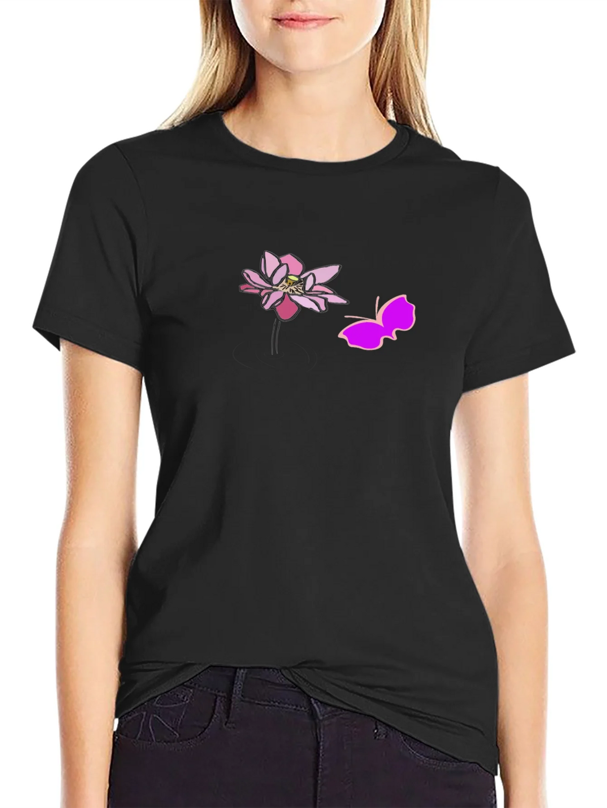 Black Graphic Tee with Pink Lotus and Butterfly Design product image 2