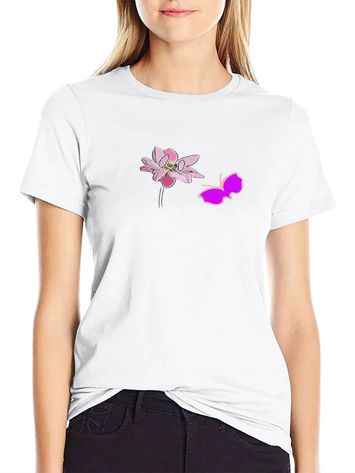 Black Graphic Tee with Pink Lotus and Butterfly Design product image 8