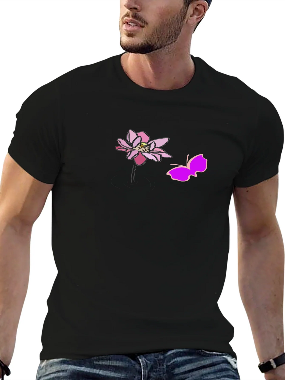 Black Graphic Tee with Pink Lotus and Butterfly Design product image 6