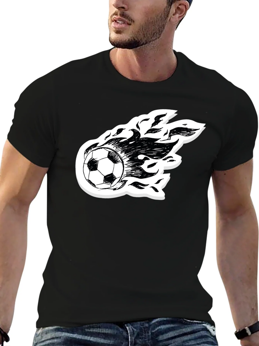 Flaming Soccer Ball Graphic Tee - Black Cotton Shirt product image 6