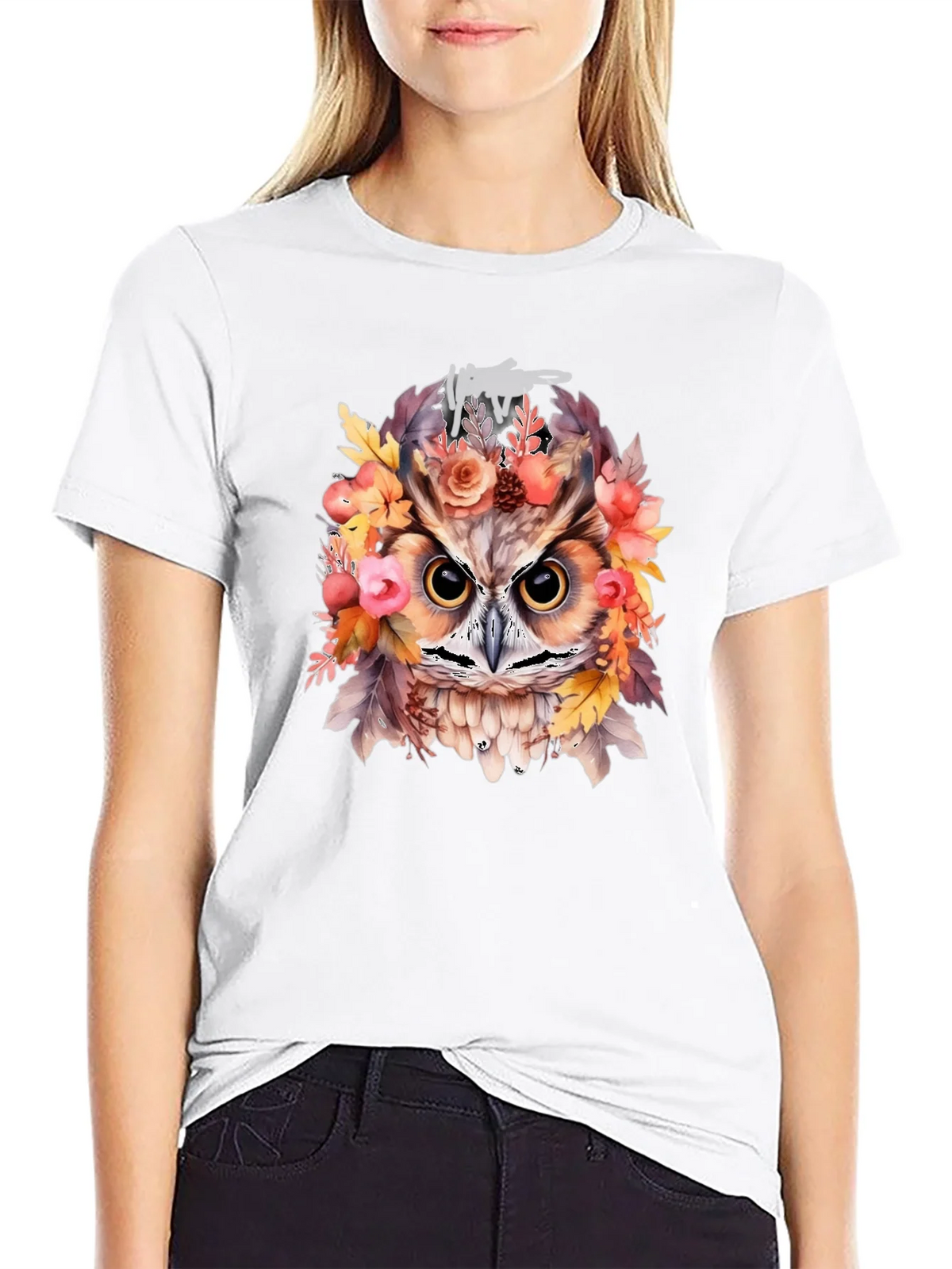 Floral Owl Graphic Print Black T-Shirt product image 8