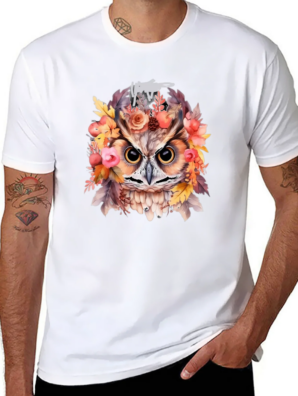 Floral Owl Graphic Print Black T-Shirt product image 7