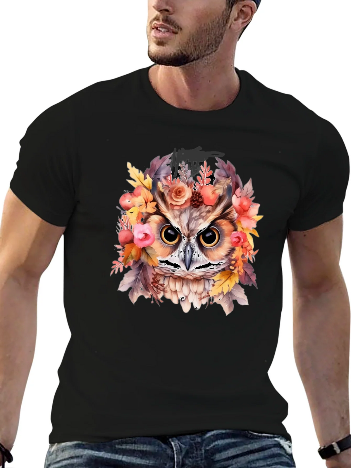 Floral Owl Graphic Print Black T-Shirt product image 6