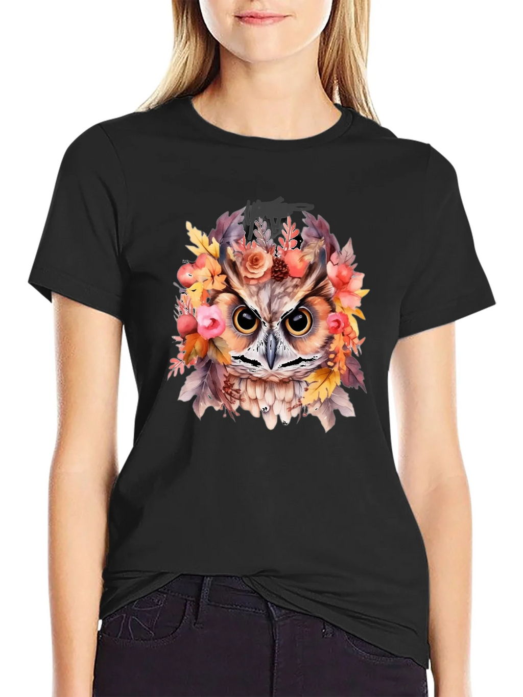 Floral Owl Graphic Print Black T-Shirt product image 2