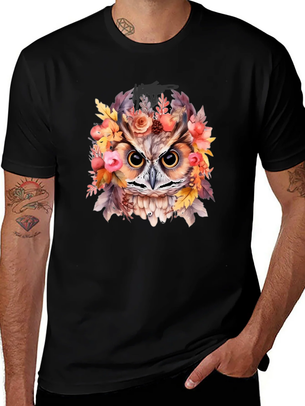 Floral Owl Graphic Print Black T-Shirt product image 1