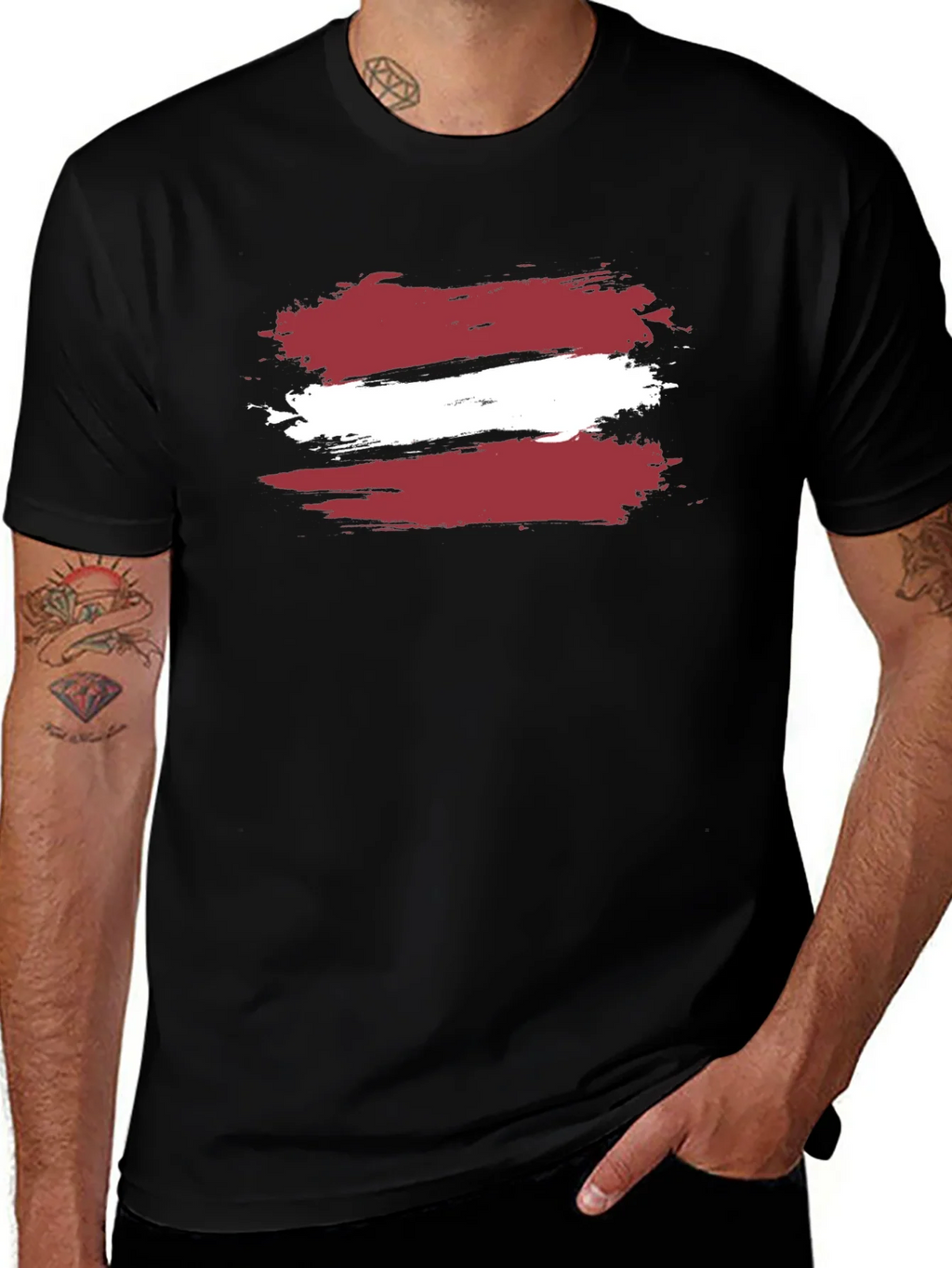 Latvia Flag Brushstroke T-Shirt - Black Casual Style product image 1