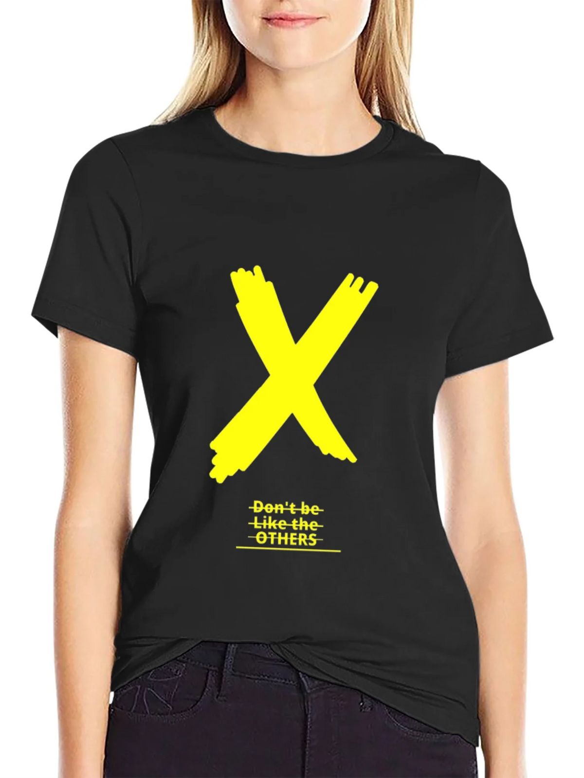 Bold Yellow X Graphic Black Tee - Dont be like the OTHERS product image 2
