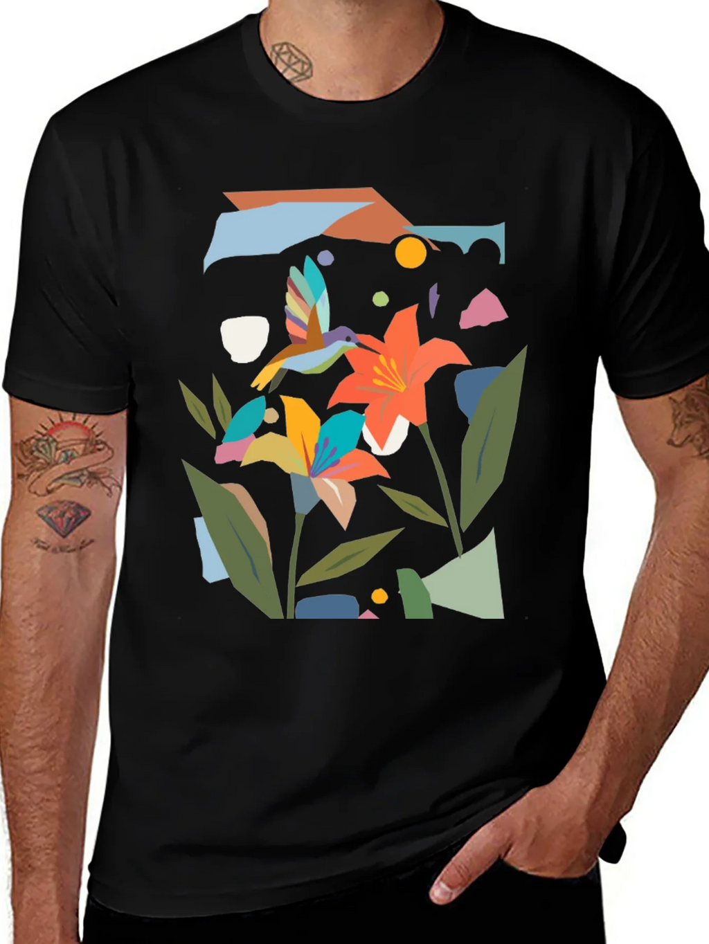 Abstract Floral & Hummingbird Black Graphic Tee product image 1