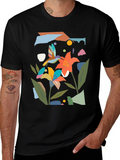 Abstract Floral & Hummingbird Black Graphic Tee product image 1