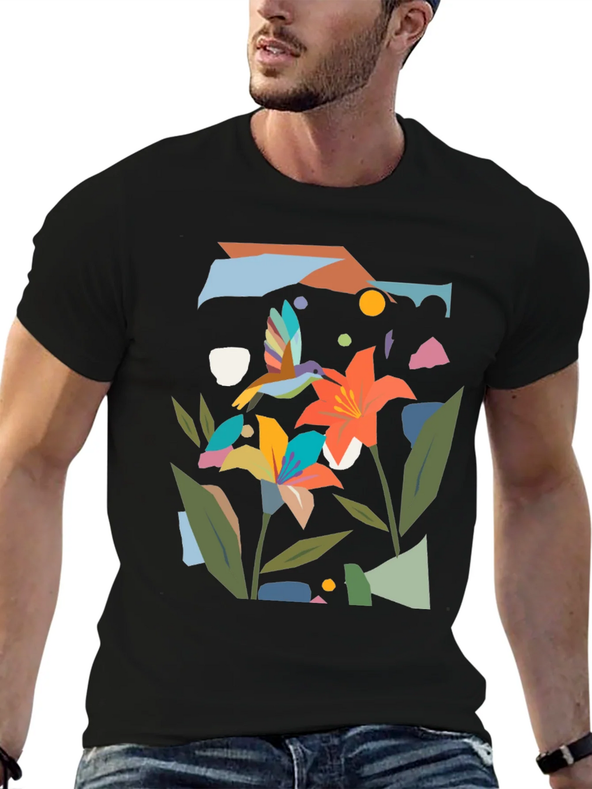 Abstract Floral & Hummingbird Black Graphic Tee product image 6