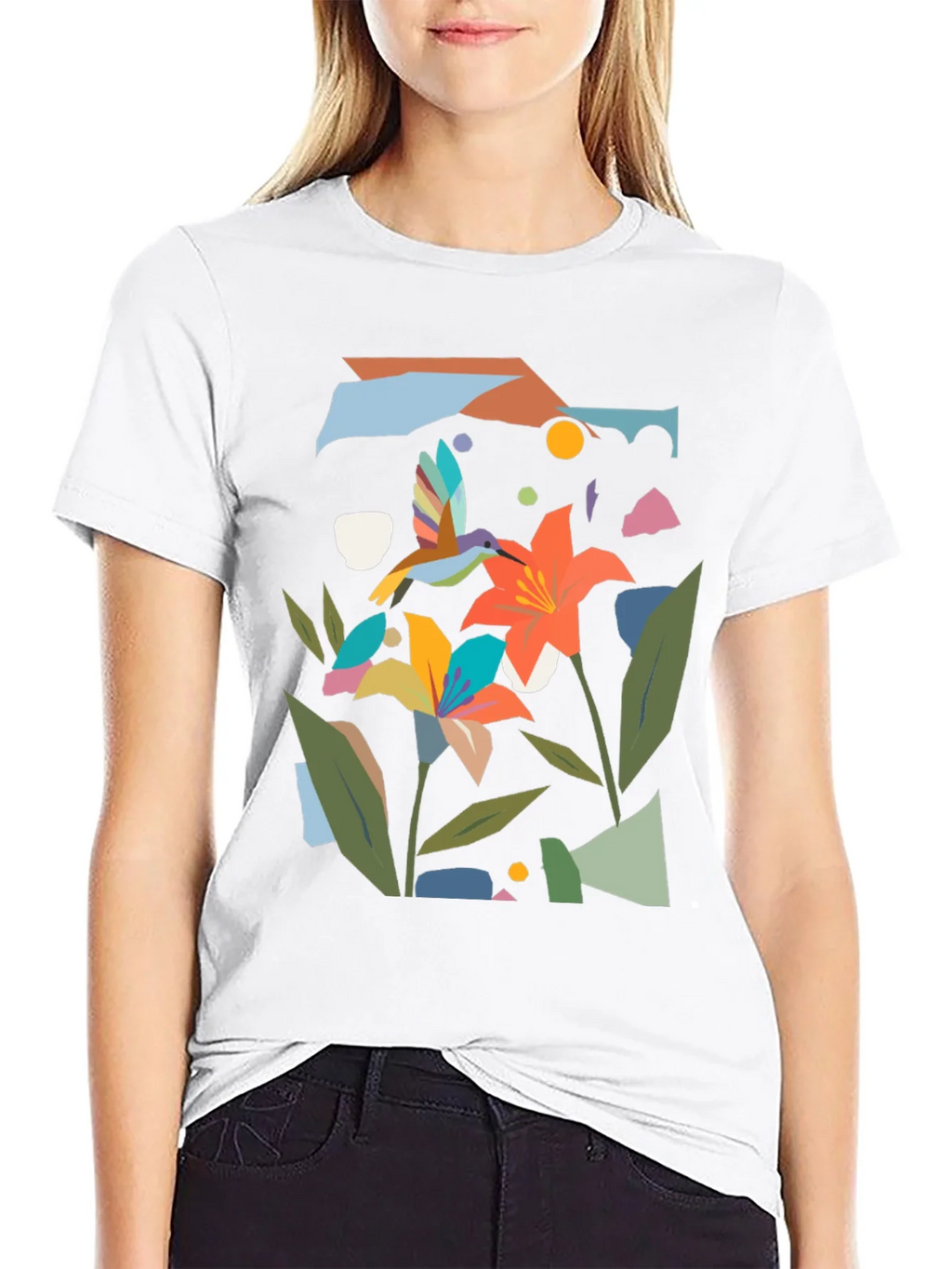 Abstract Floral & Hummingbird Black Graphic Tee product image 8