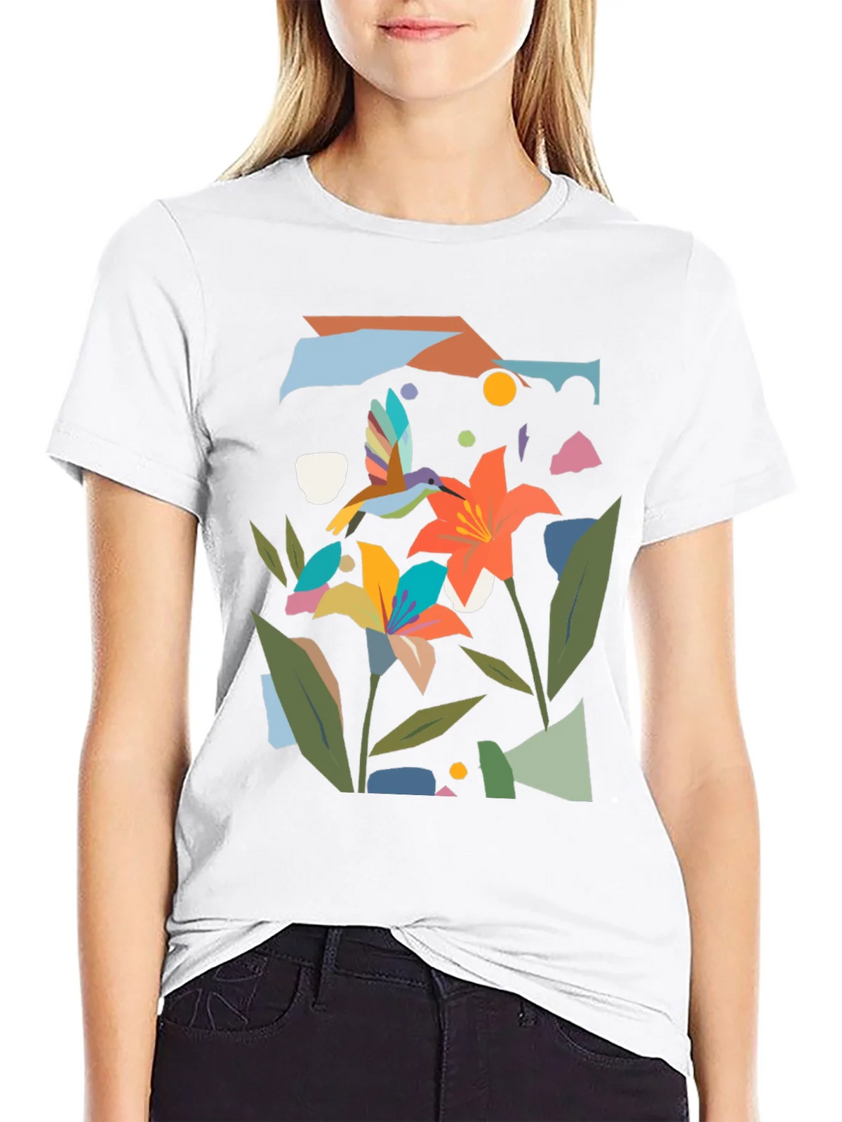 Abstract Floral & Hummingbird Black Graphic Tee product image 8