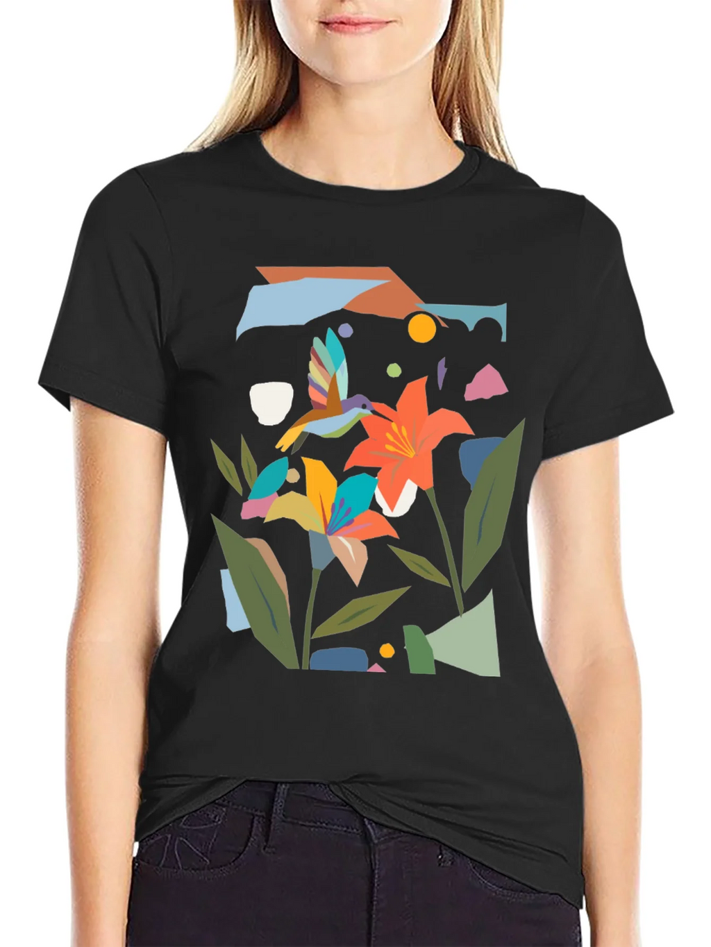 Abstract Floral & Hummingbird Black Graphic Tee product image 2
