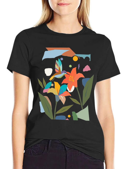 Abstract Floral & Hummingbird Black Graphic Tee product image 2