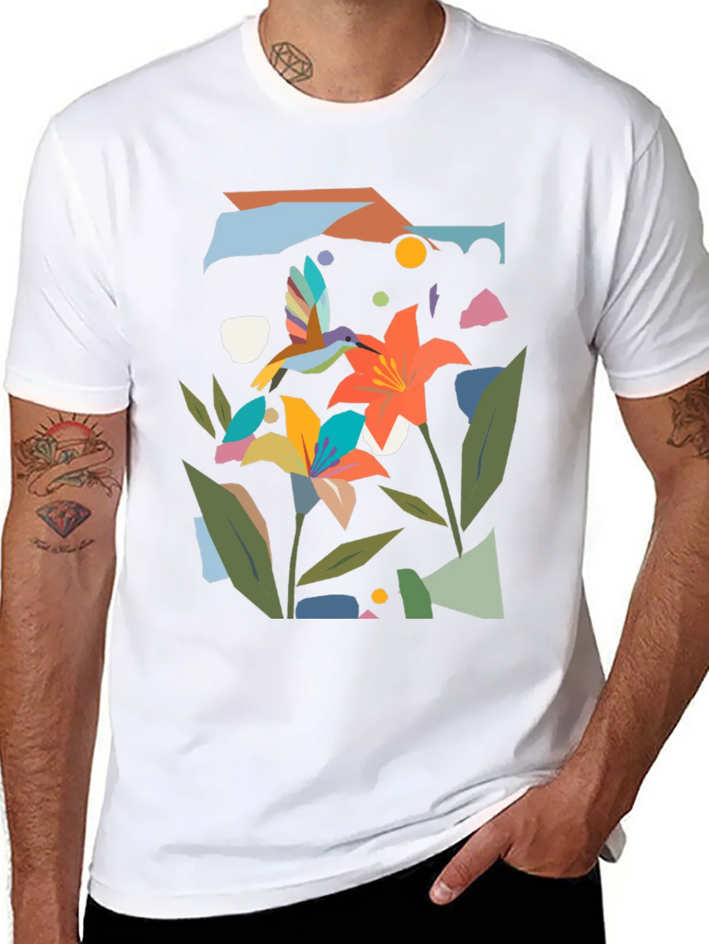 Abstract Floral & Hummingbird Black Graphic Tee product image 7
