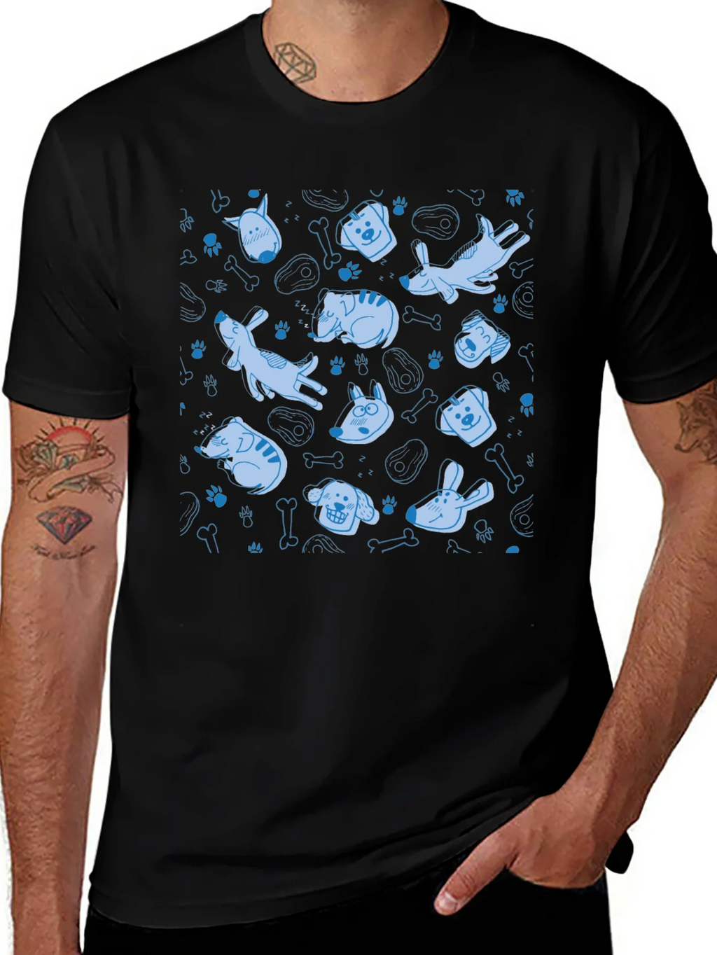 Dog Pattern Crew Neck T-Shirt - Black product image 1