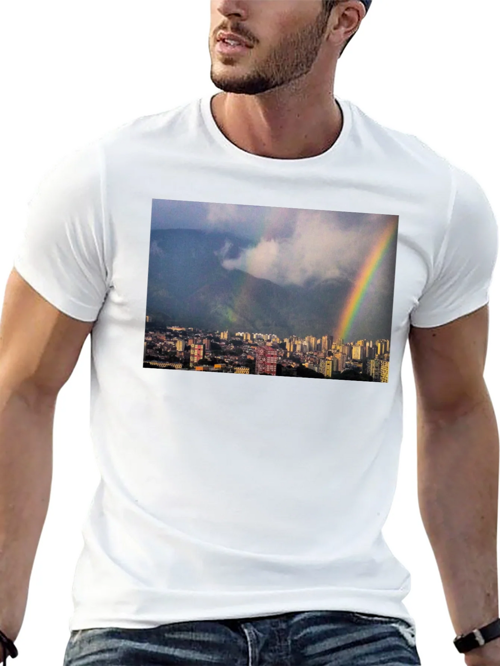 Rainbow Cityscape Graphic Tee - Black Casual T-Shirt product image 6