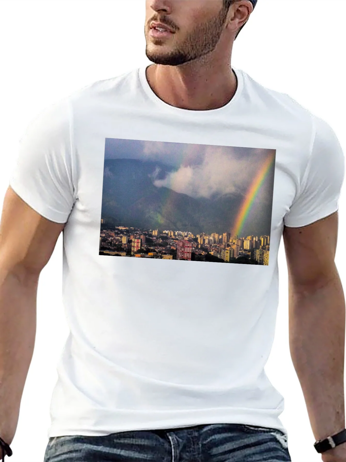 Rainbow Cityscape Graphic Tee - Black Casual T-Shirt product image 6