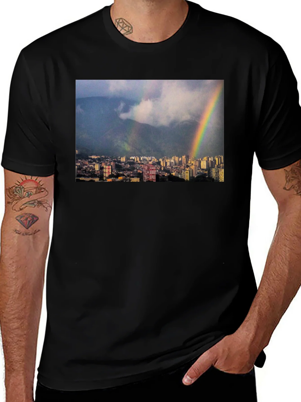 Rainbow Cityscape Graphic Tee - Black Casual T-Shirt product image 1
