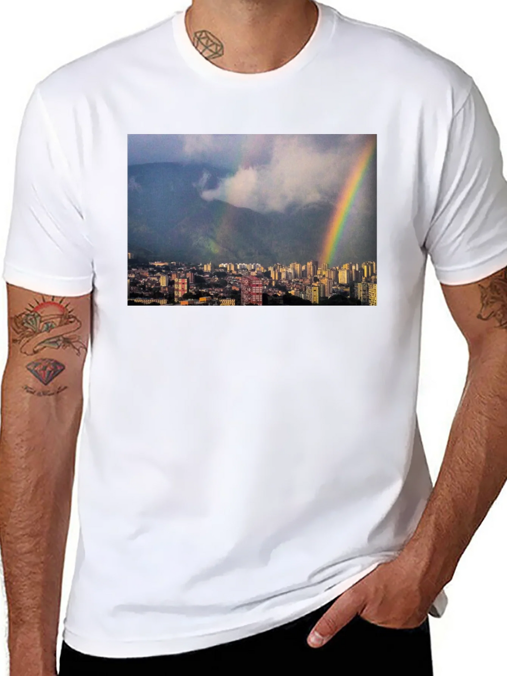 Rainbow Cityscape Graphic Tee - Black Casual T-Shirt product image 4