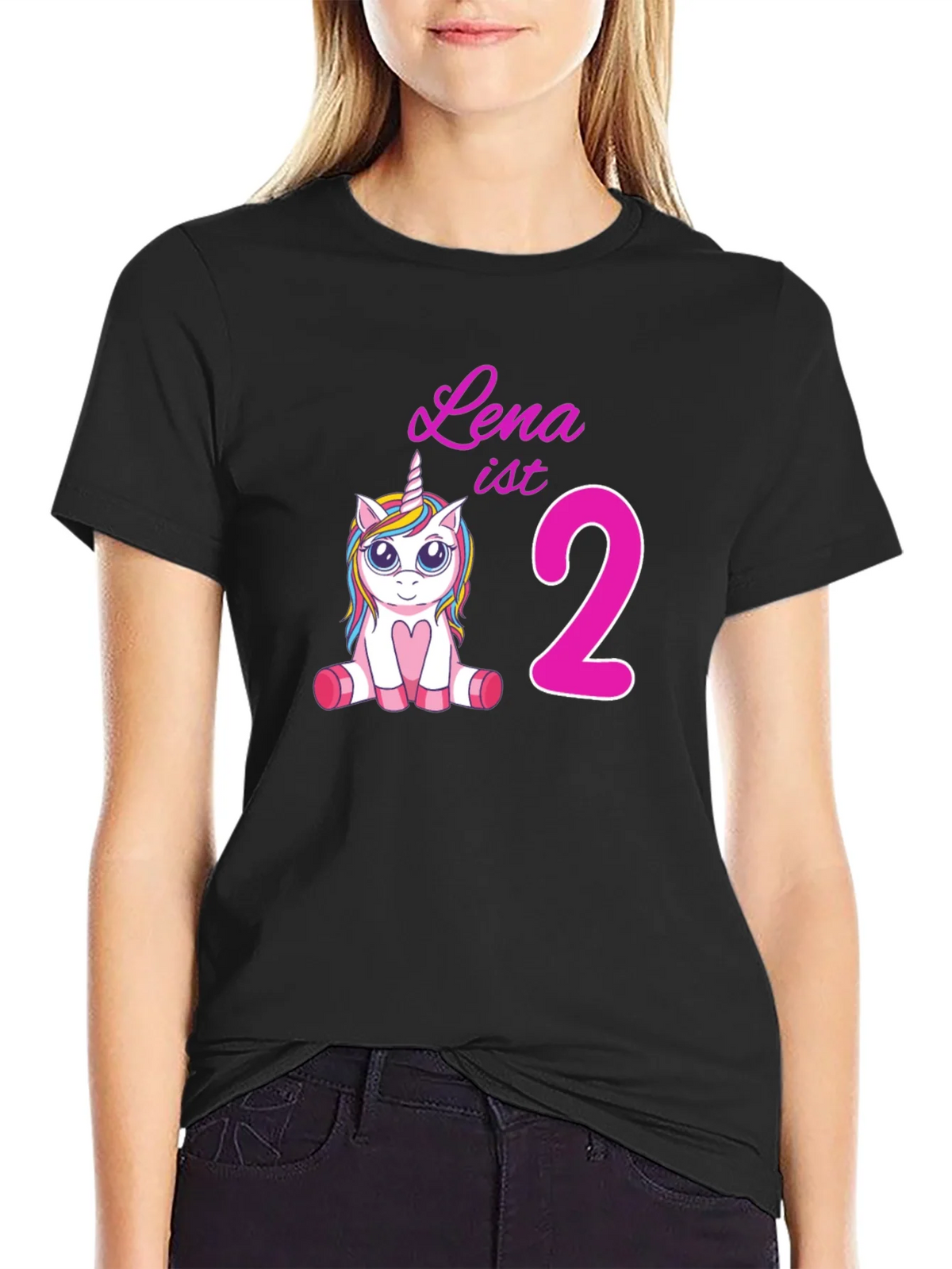 Cute Lena is 2 Unicorn Birthday Black T-Shirt product image 2