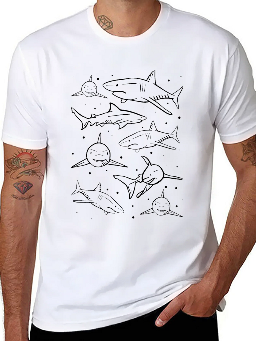Mens Shark Pattern Black Graphic Tee product image 6