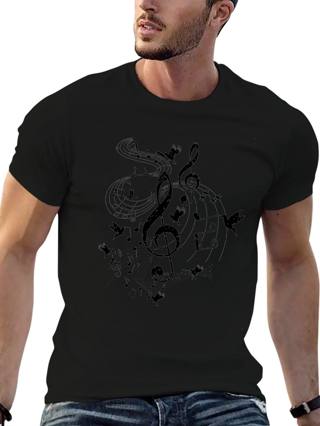 Musical Notes Birds Black T-Shirt product image 6