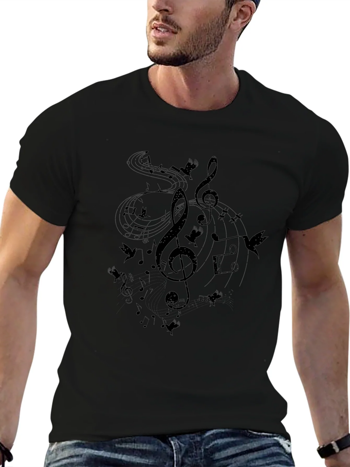 Musical Notes Birds Black T-Shirt product image 6