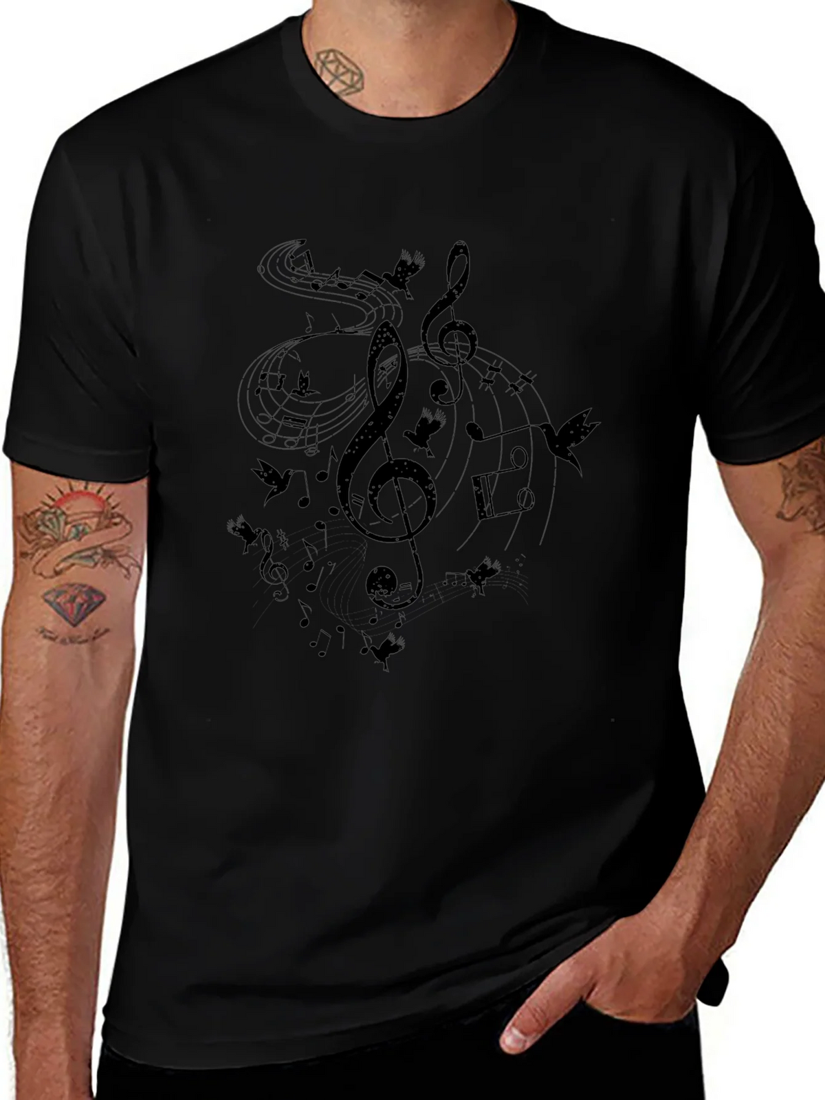 Musical Notes Birds Black T-Shirt product image 1