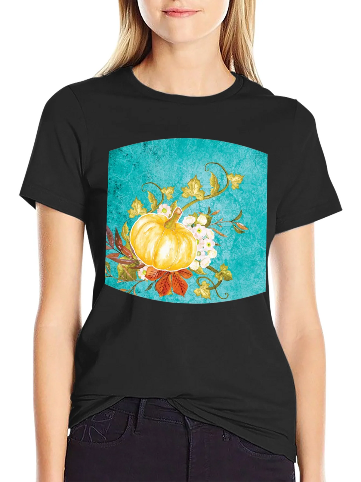 Fall Pumpkin Floral Graphic Tee - Black product image 2