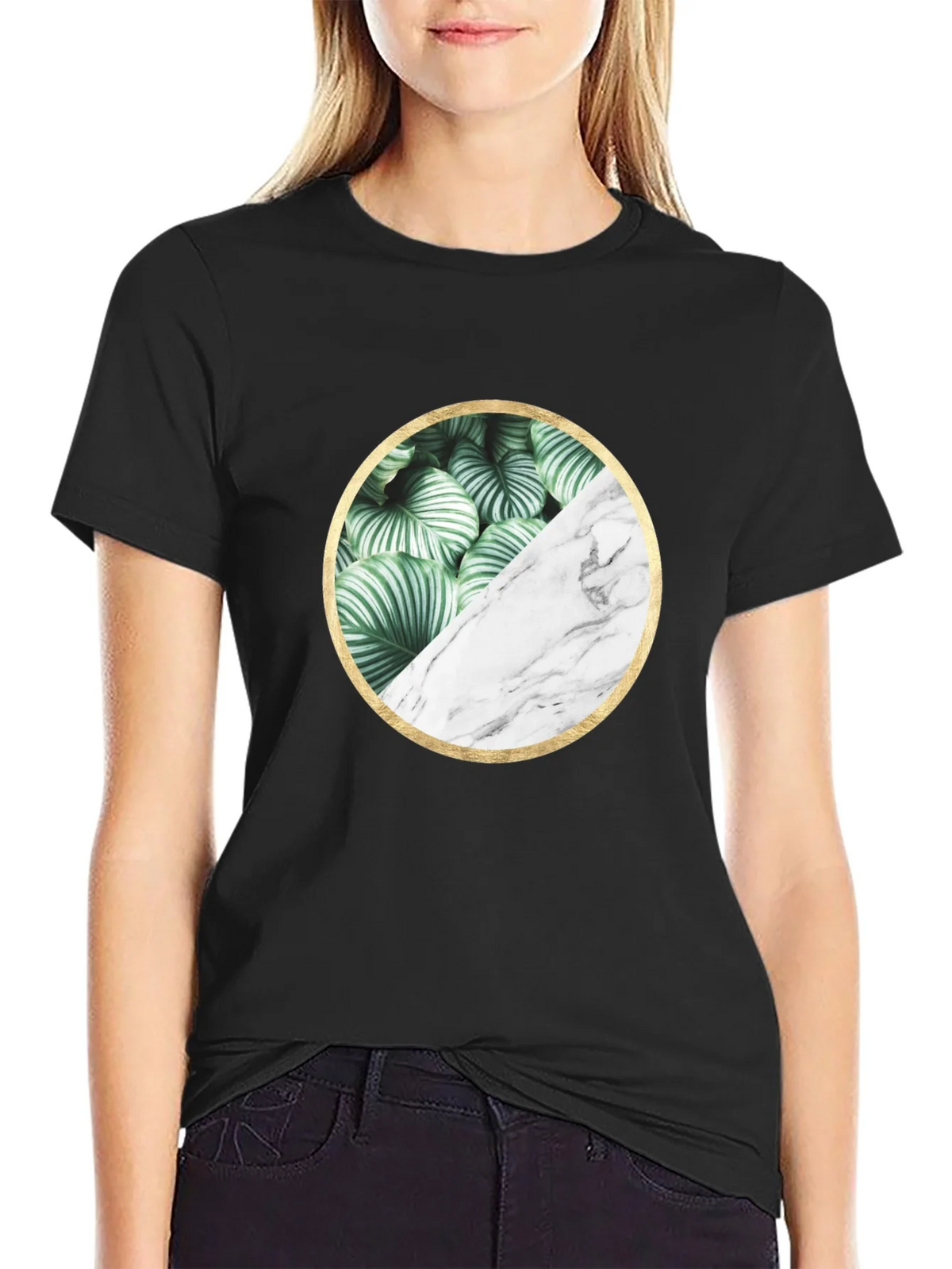 Leaf and Marble Circle Graphic Black T-Shirt product image 1