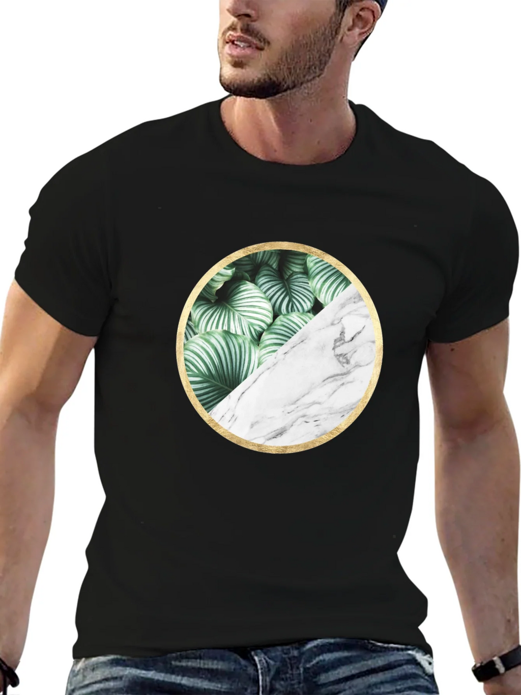 Leaf and Marble Circle Graphic Black T-Shirt product image 3