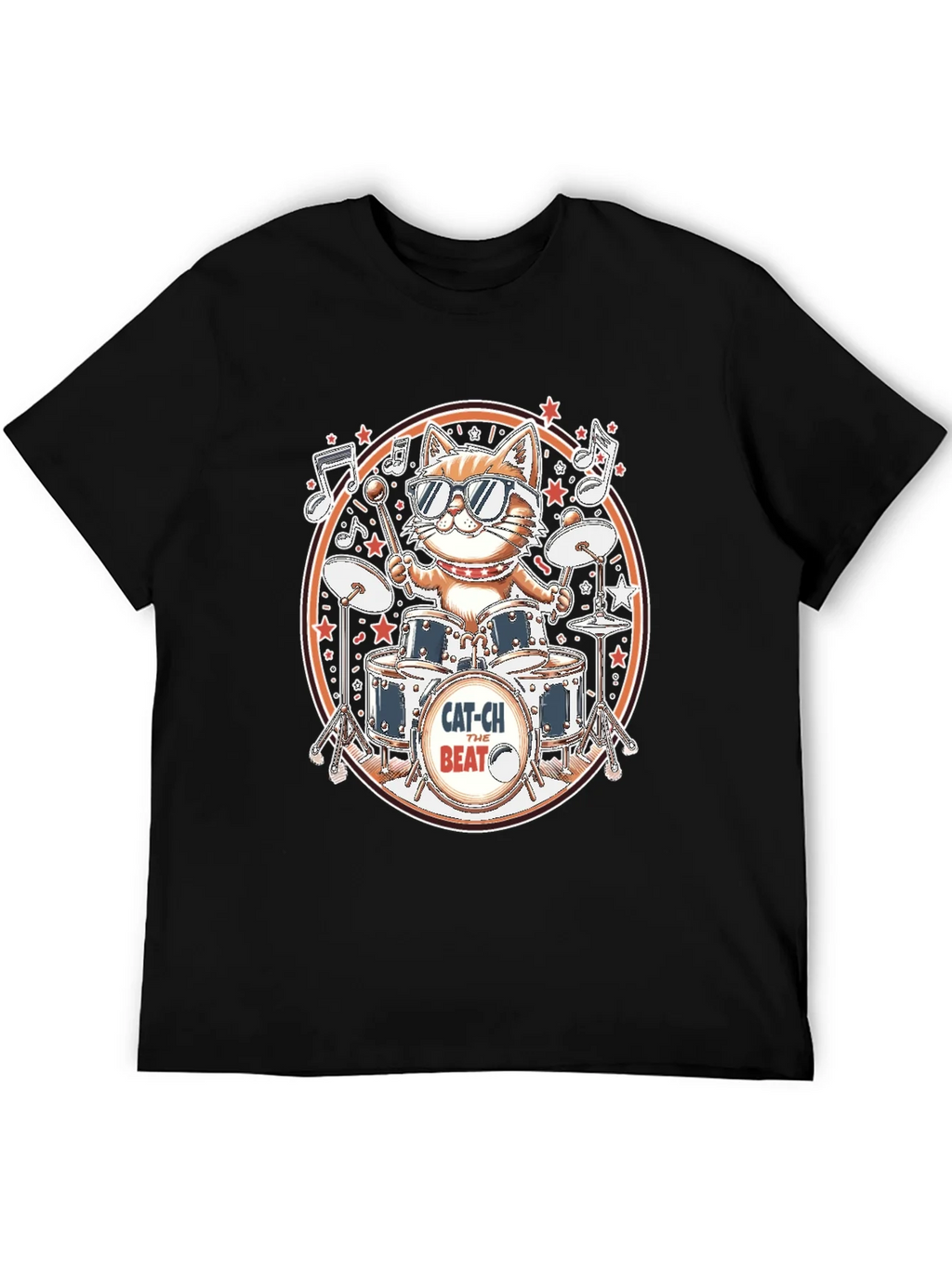 Cool Cat Drummer Graphic Tee - Black Cotton T-Shirt product image 5