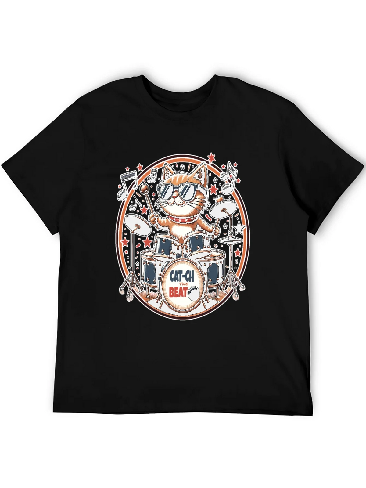 Cool Cat Drummer Graphic Tee - Black Cotton T-Shirt product image 5