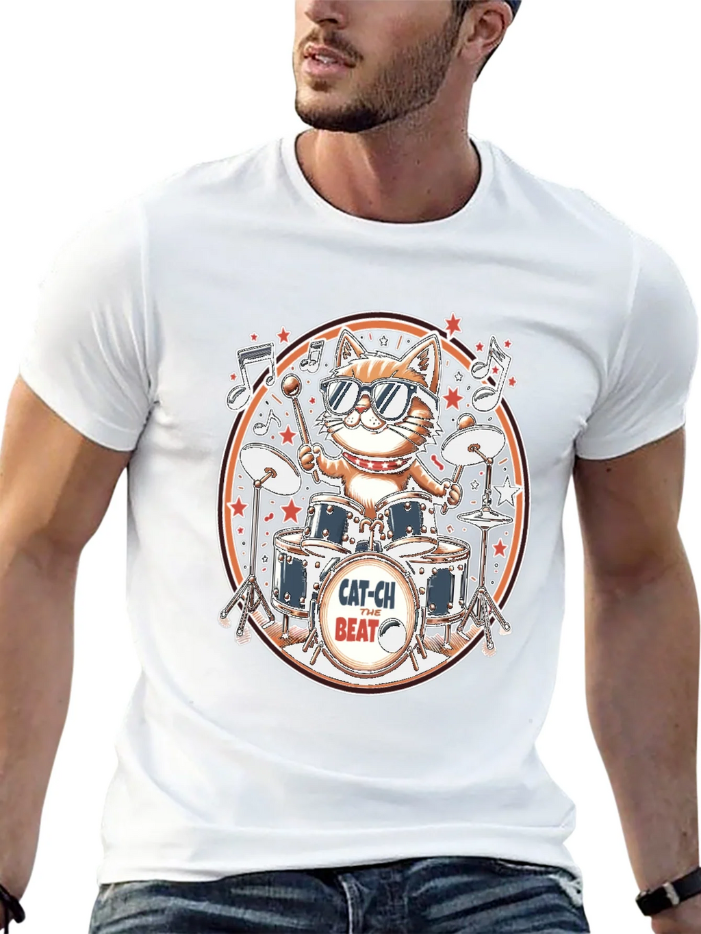 Cool Cat Drummer Graphic Tee - Black Cotton T-Shirt product image 12