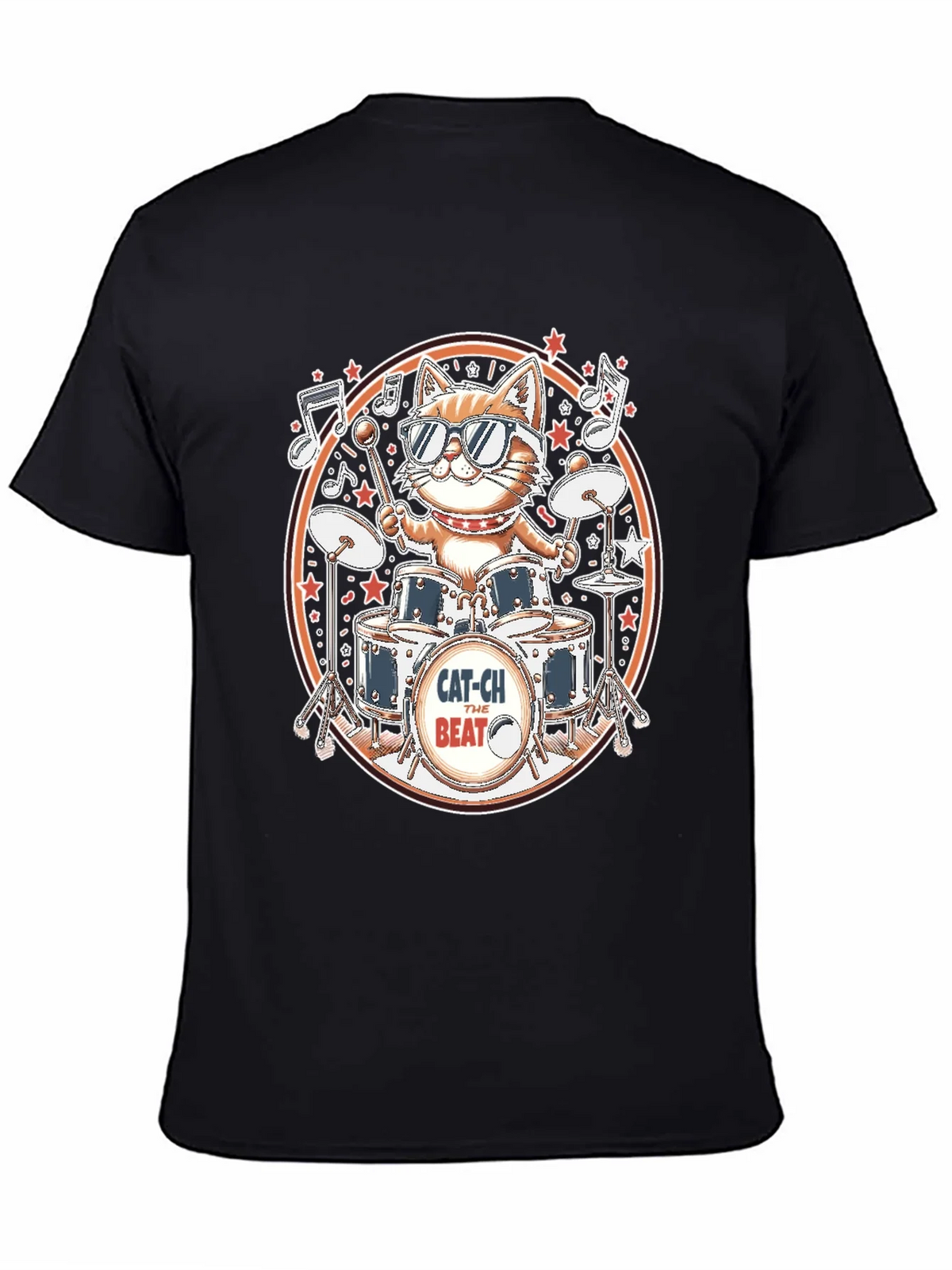 Cool Cat Drummer Graphic Tee - Black Cotton T-Shirt product image 4