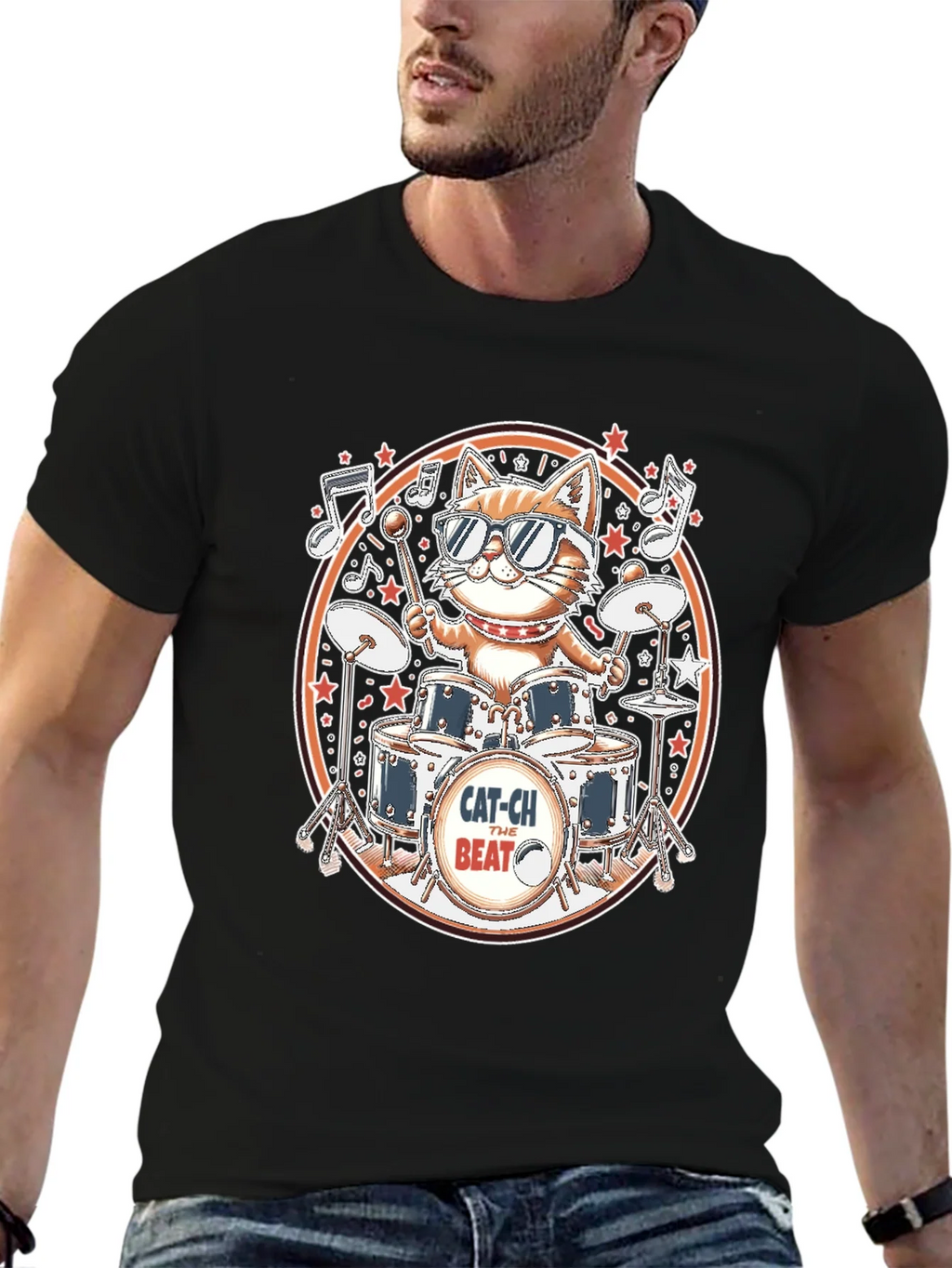 Cool Cat Drummer Graphic Tee - Black Cotton T-Shirt product image 6