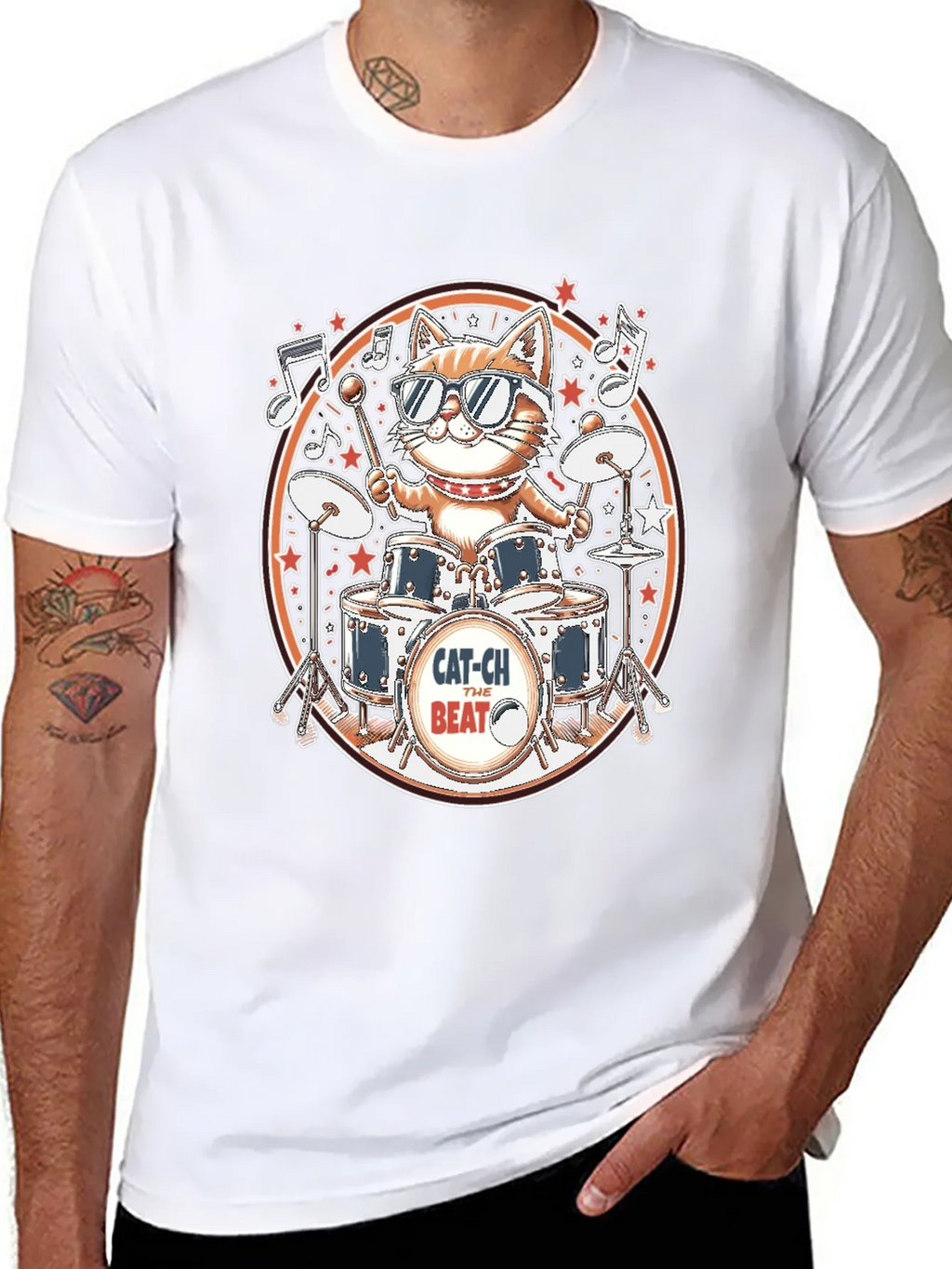 Cool Cat Drummer Graphic Tee - Black Cotton T-Shirt product image 7