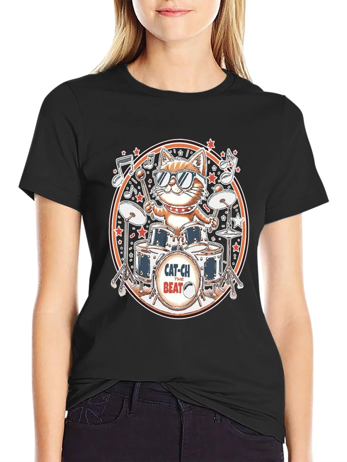 Cool Cat Drummer Graphic Tee - Black Cotton T-Shirt product image 2