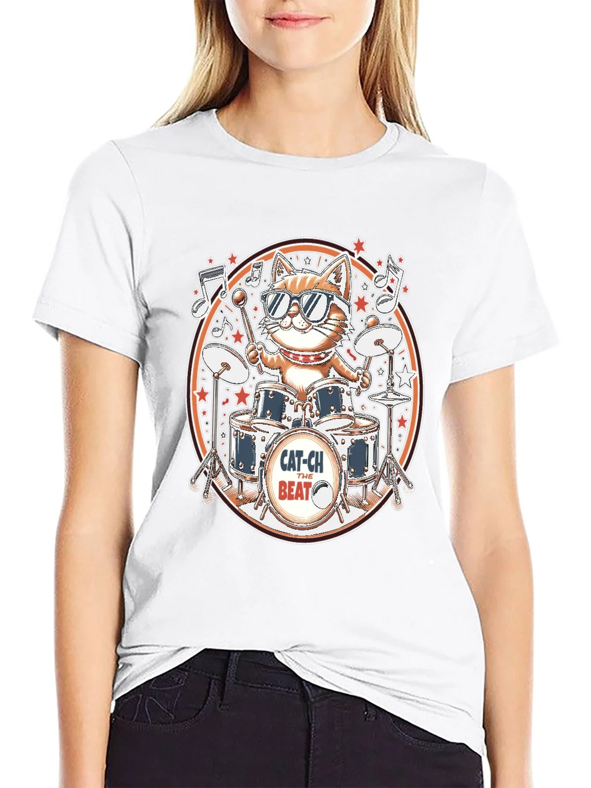 Cool Cat Drummer Graphic Tee - Black Cotton T-Shirt product image 8