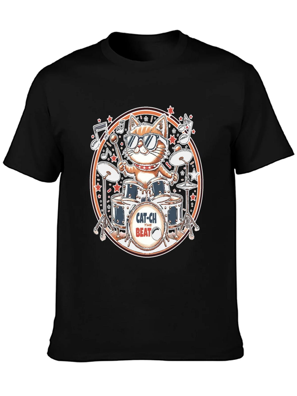Cool Cat Drummer Graphic Tee - Black Cotton T-Shirt product image 3