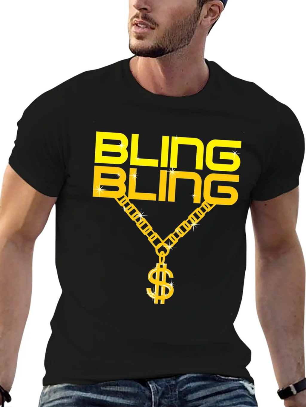 Bling Gold Chain Dollar Sign Black T-Shirt product image 6