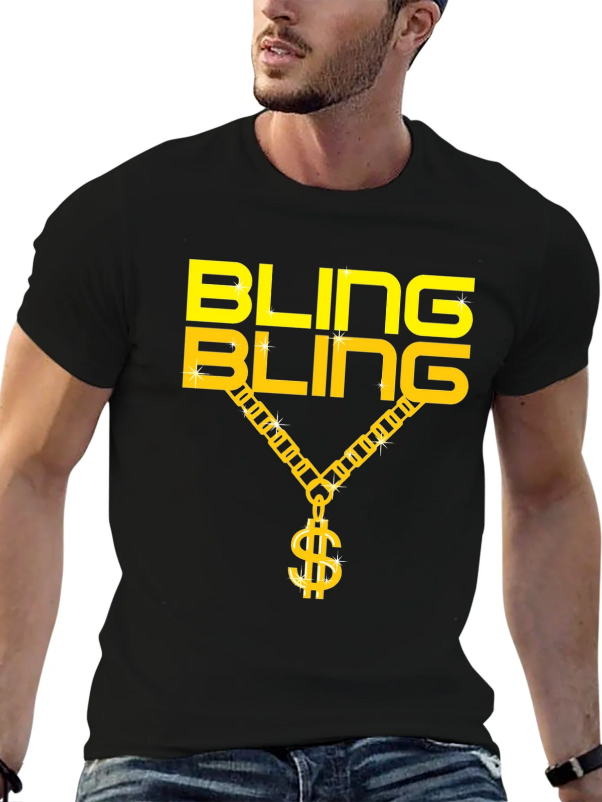 Bling Gold Chain Dollar Sign Black T-Shirt product image 6