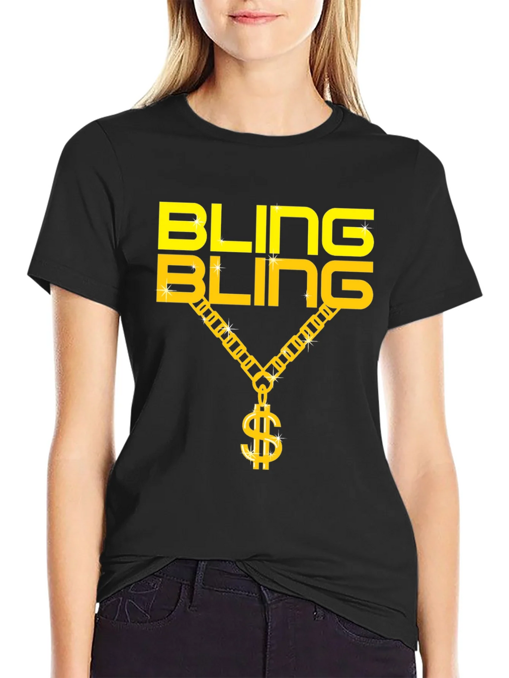 Bling Gold Chain Dollar Sign Black T-Shirt product image 2
