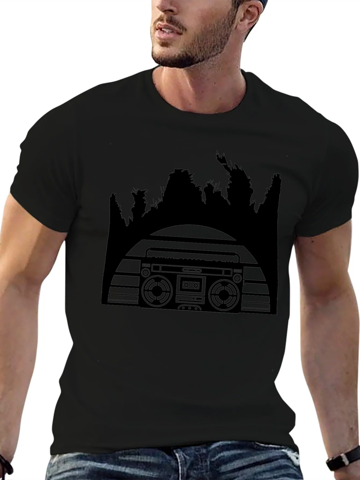Retro Boombox & Palm Trees Mens Black T-Shirt product image 2
