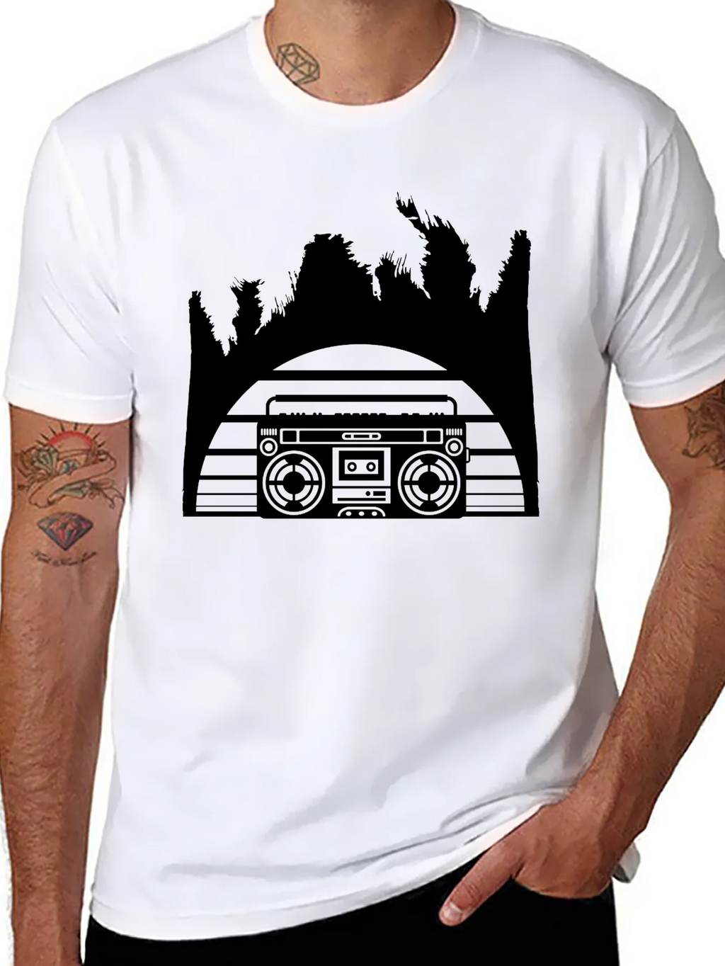 Retro Boombox & Palm Trees Mens Black T-Shirt product image 3