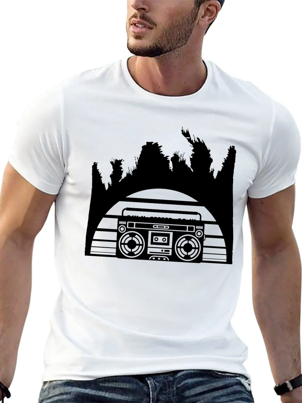 Retro Boombox & Palm Trees Mens Black T-Shirt product image 5