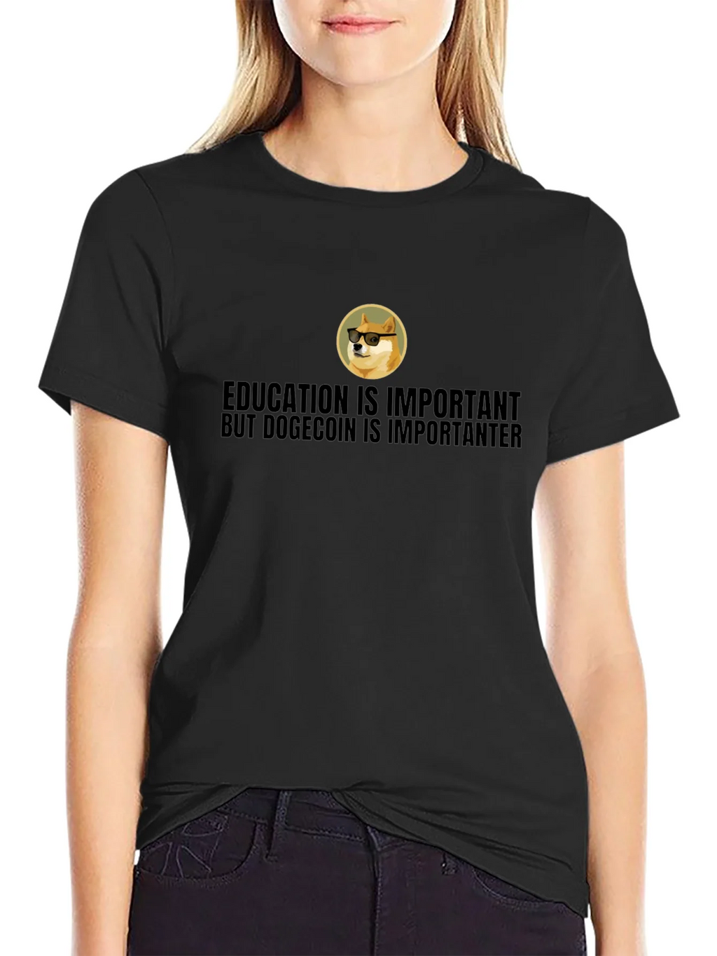 Dogecoin is Importanter T-Shirt - Black Crew Neck Tee product image 2