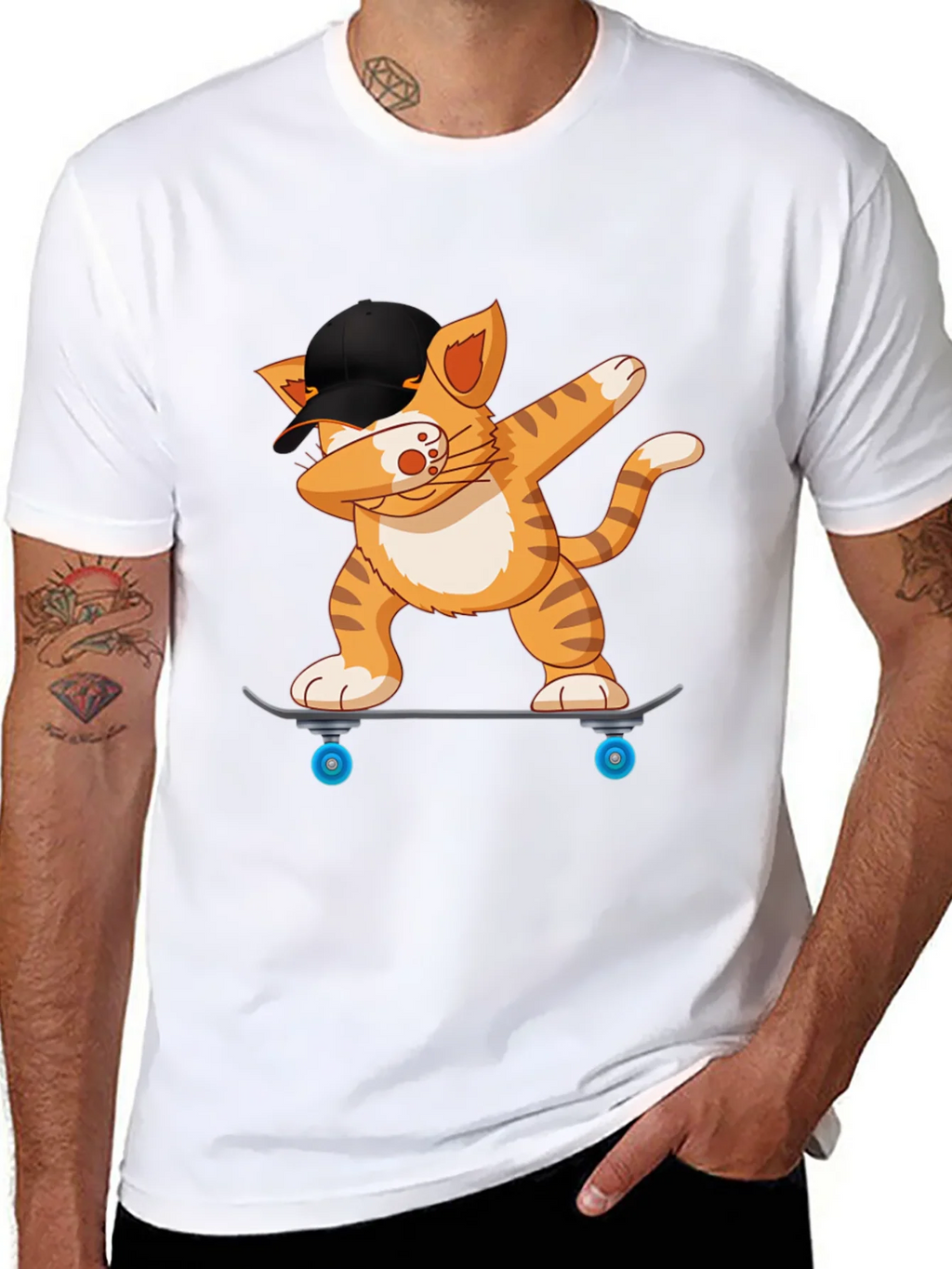 Cool Cat Dabbing on Skateboard Black T-Shirt product image 7